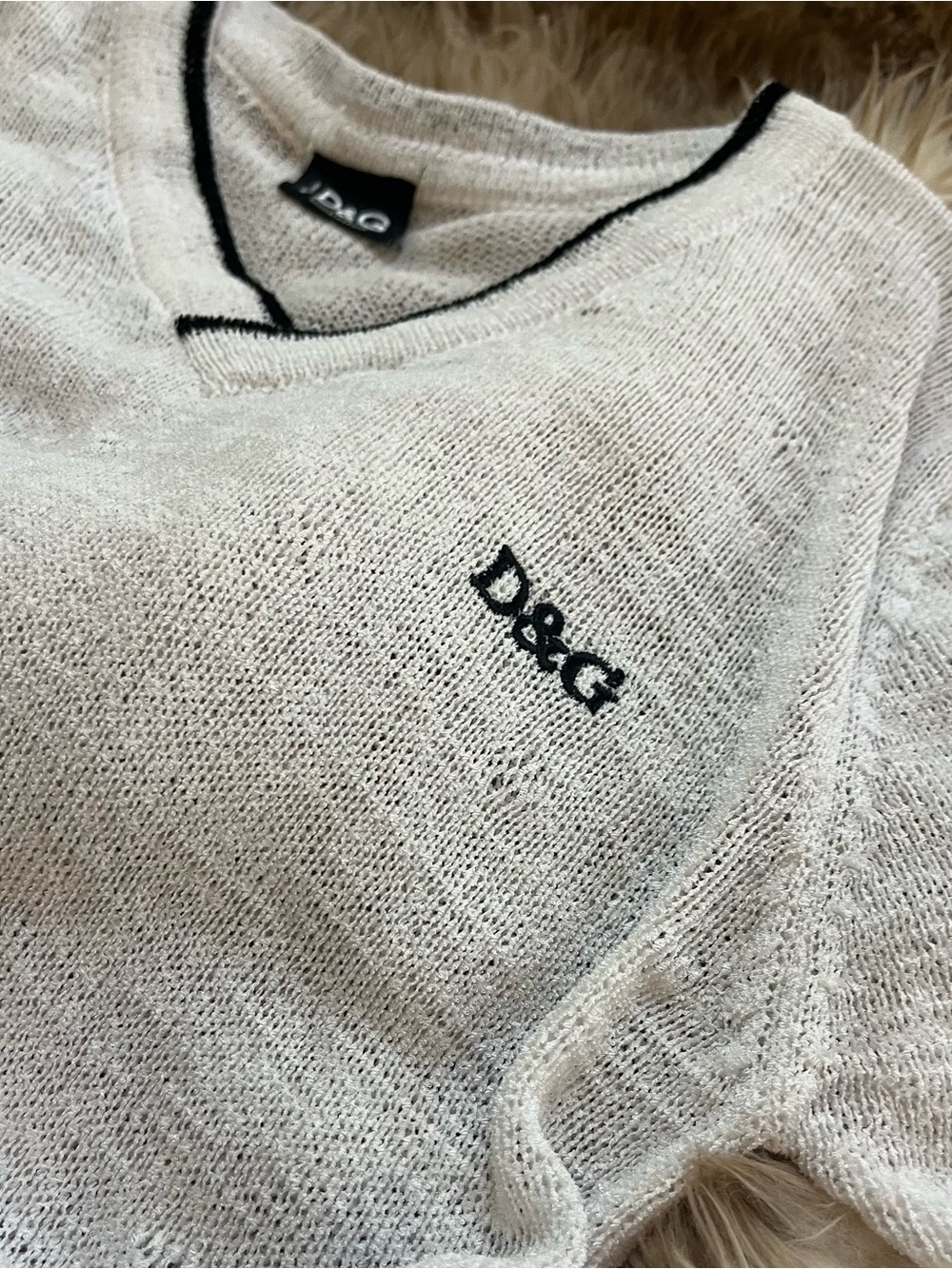 D&G women’s white V-Neck Sweater with Black Logo and Trim